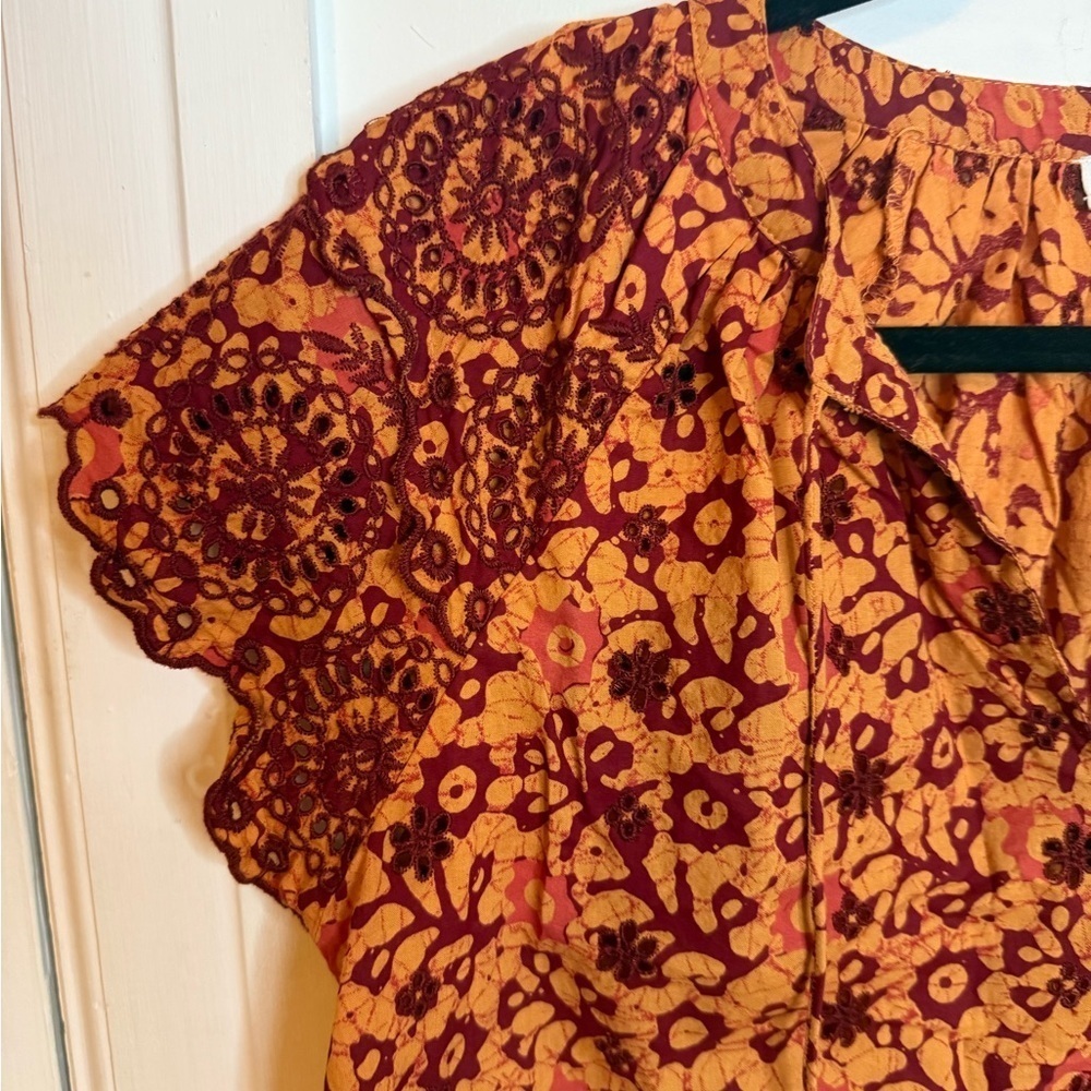 Jennifer & Grace Orange and Maroon Eyelet Flutter Sleeve Boho Blouse - Picture 5 of 6